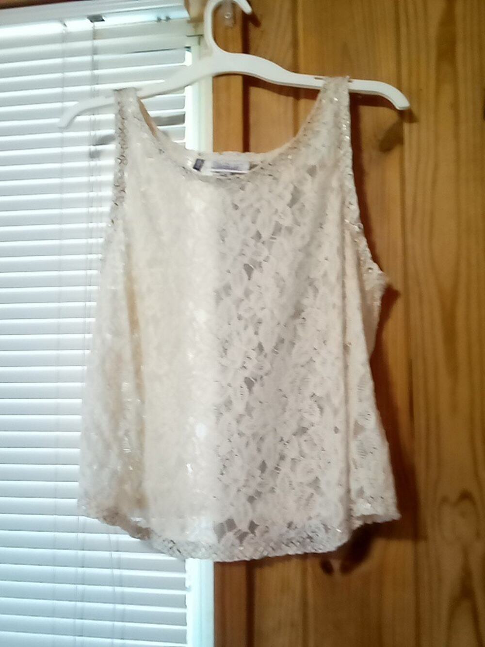Jennifer Lopez Ivory Floral Lace Beaded Sheer Scoop Neck Pullover Tank Top M